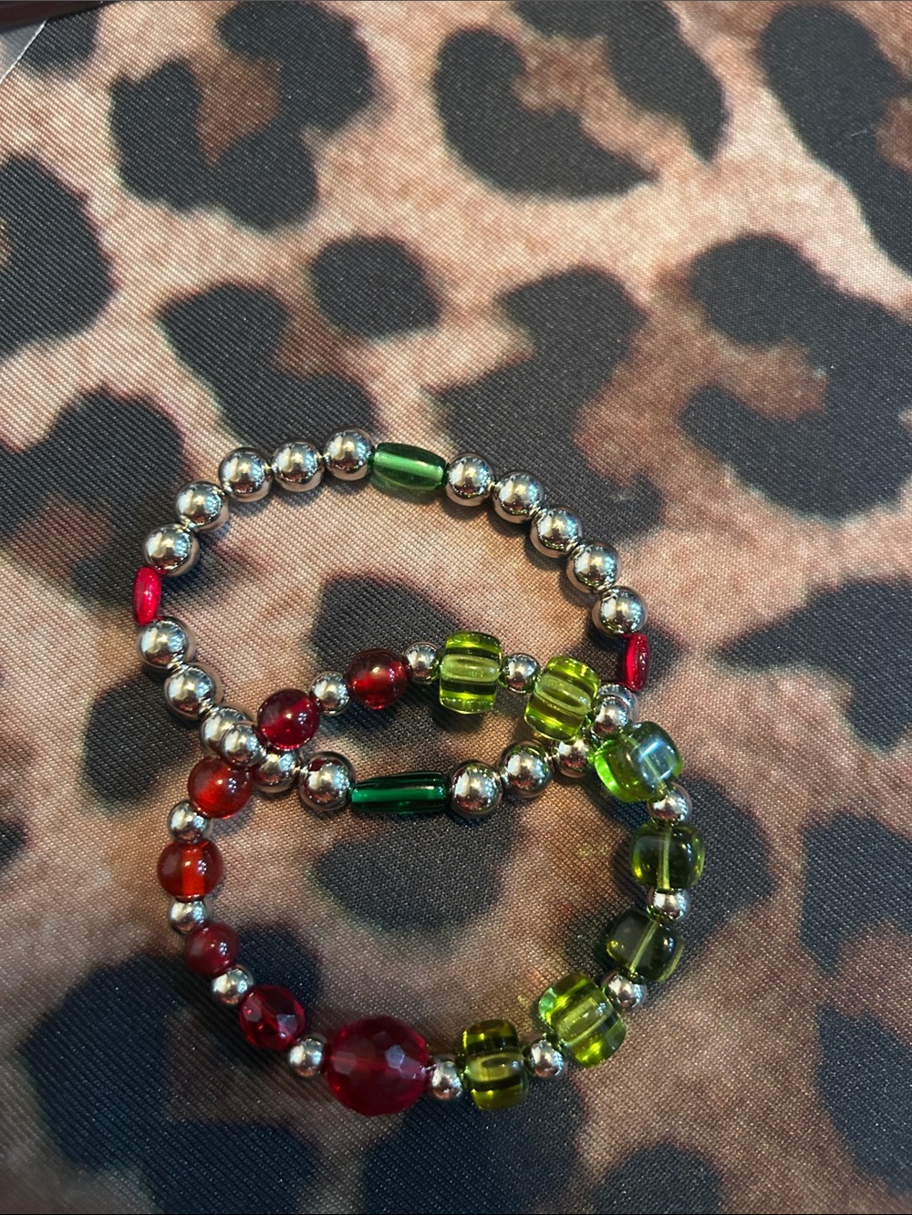 Hand Crafted Red & Green Beaded Stretch Bracelet Set